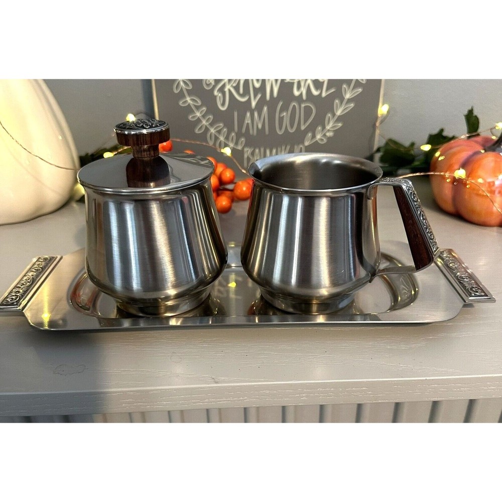 Japan International Decorator Stainless Steel 18-8 Cream Lidded Sugar Tray Set